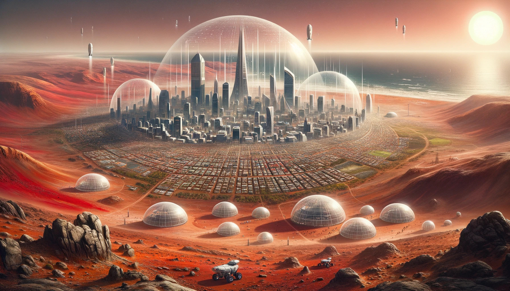 Futuristic landscape painting of Cape Town on Mars. The city&rsquo;s skyline rises from the Martian surface, with its iconic landmarks protected by large transparent shields. Martian rovers and settlers can be seen, and the vast red desert of Mars extends to the horizon.