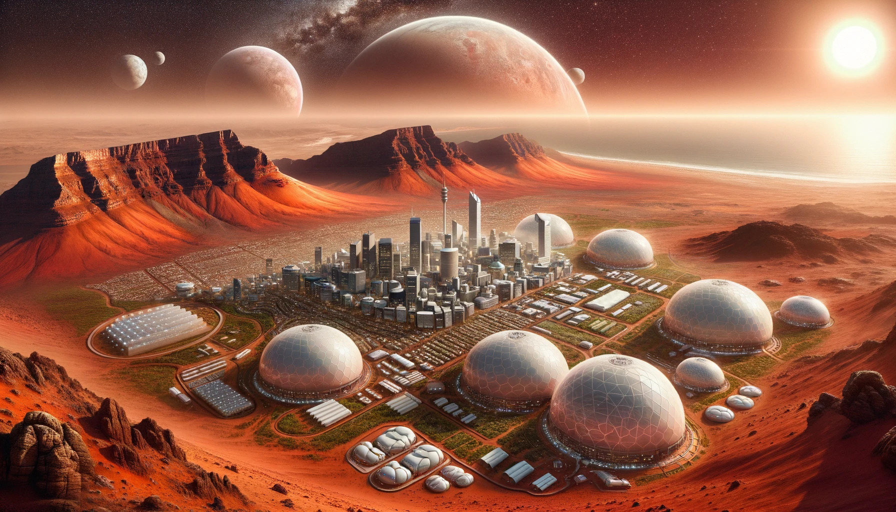 Artistic conception of Cape Town on Mars. The familiar landmarks of Cape Town are juxtaposed against the alien backdrop of the Red Planet. Bio-domes shelter the city, and advanced infrastructure hints at a thriving Martian colony. The vastness of the Martian landscape stretches out, with dunes and rock formations.